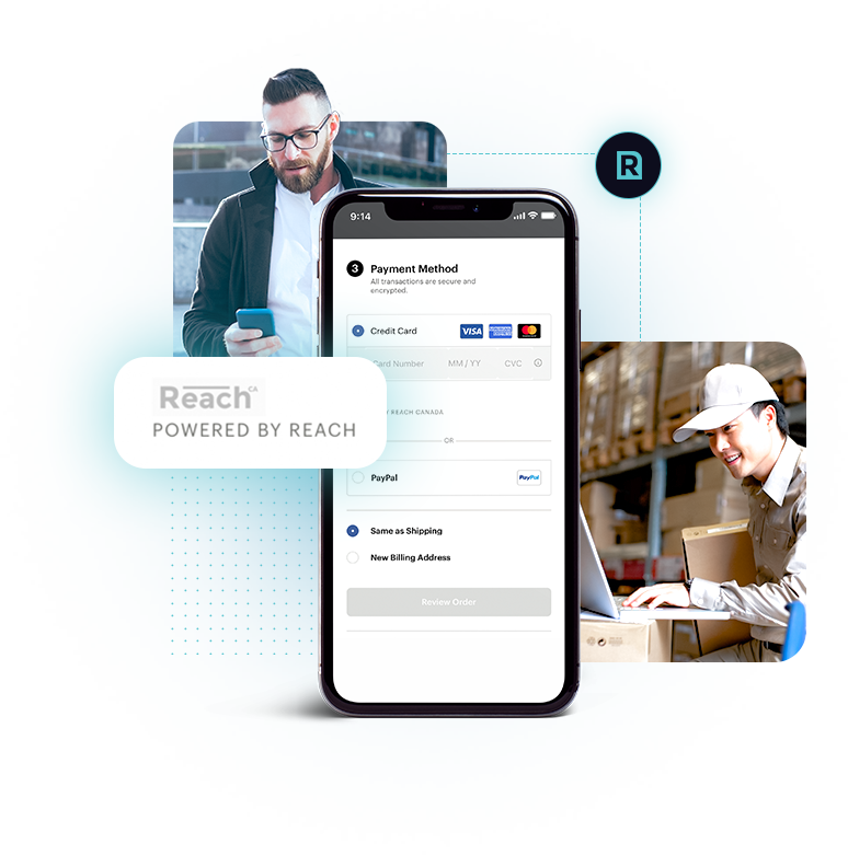 Multi-person image showing ecommerce business professionals and a smartphone showcasing an example checkout with Reach icons attached.